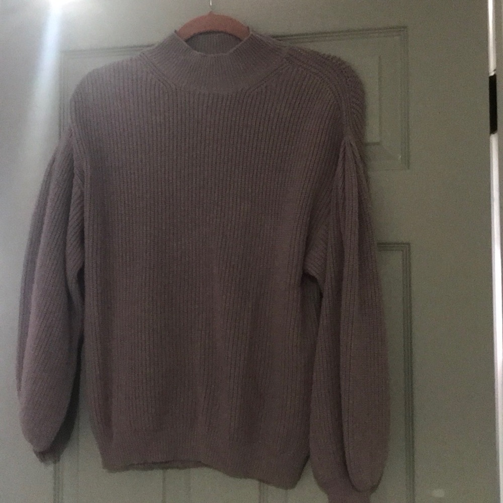 Lavender mock neck sweater with puff sleeves